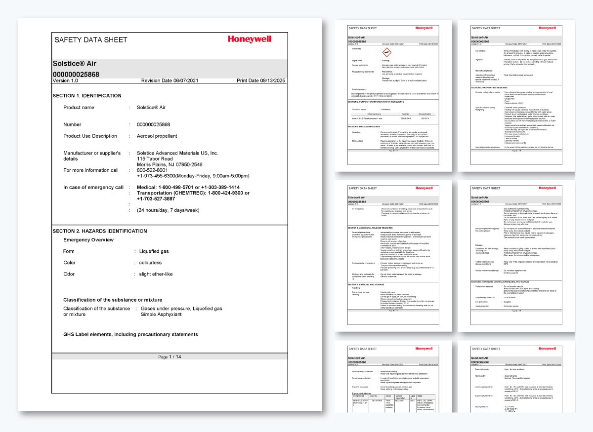 Honeywell’s propellant Safety data Sheet 