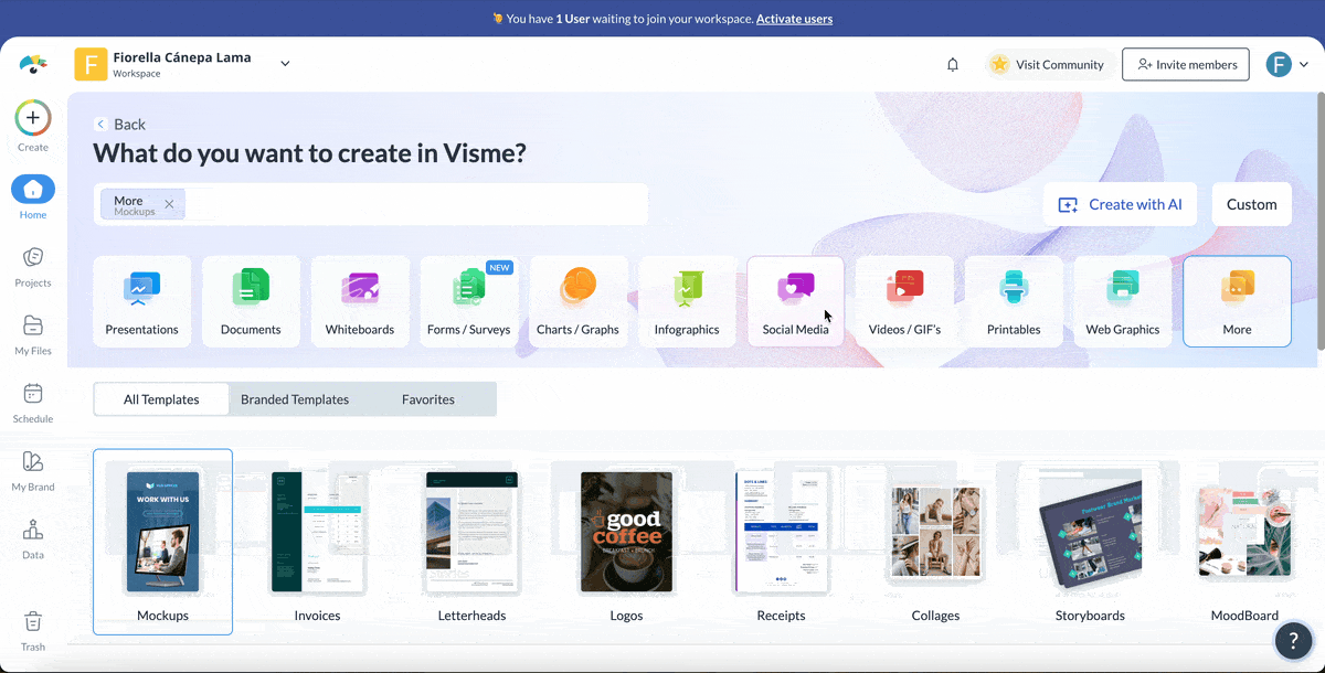 canva alternatives - a GIF of selecting templates in Visme templates