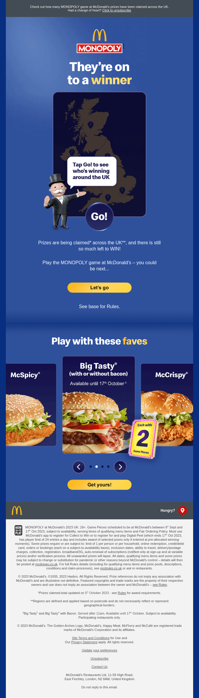 interactive content marketing - interactive email from McDonald’s monopoly campaign: