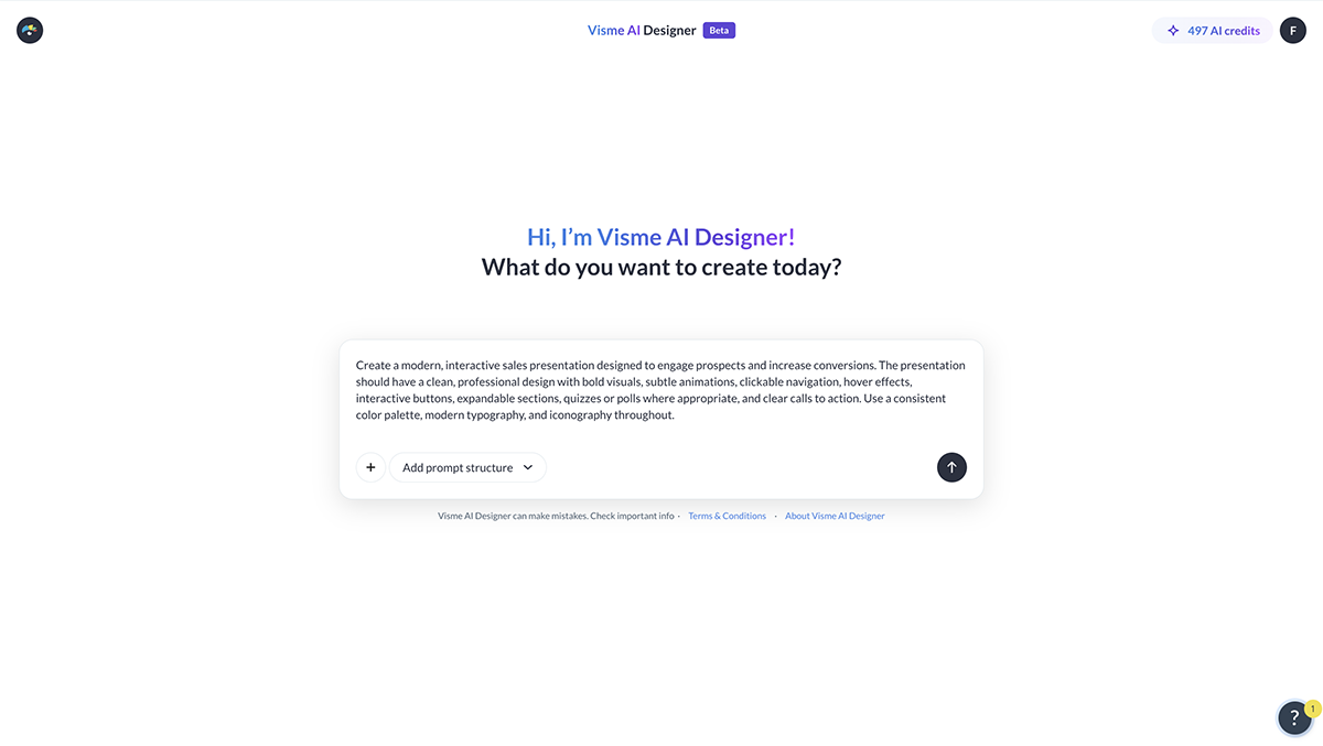 Interactive presentation - Visme AI prompt window with the prompt added