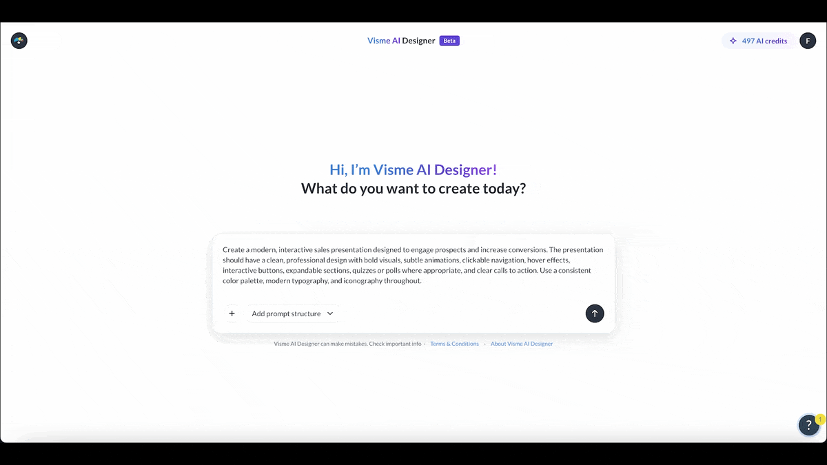 Interactive presentation - a GIF of adding the prompt, selecting the styles and then generating the slide deck