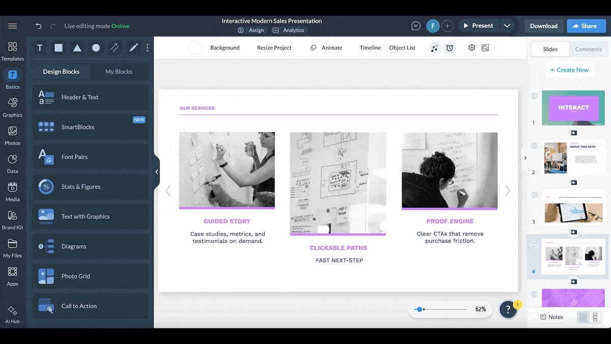Interactive presentation - a GIF showing the interactive elements in action on the generated slide deck