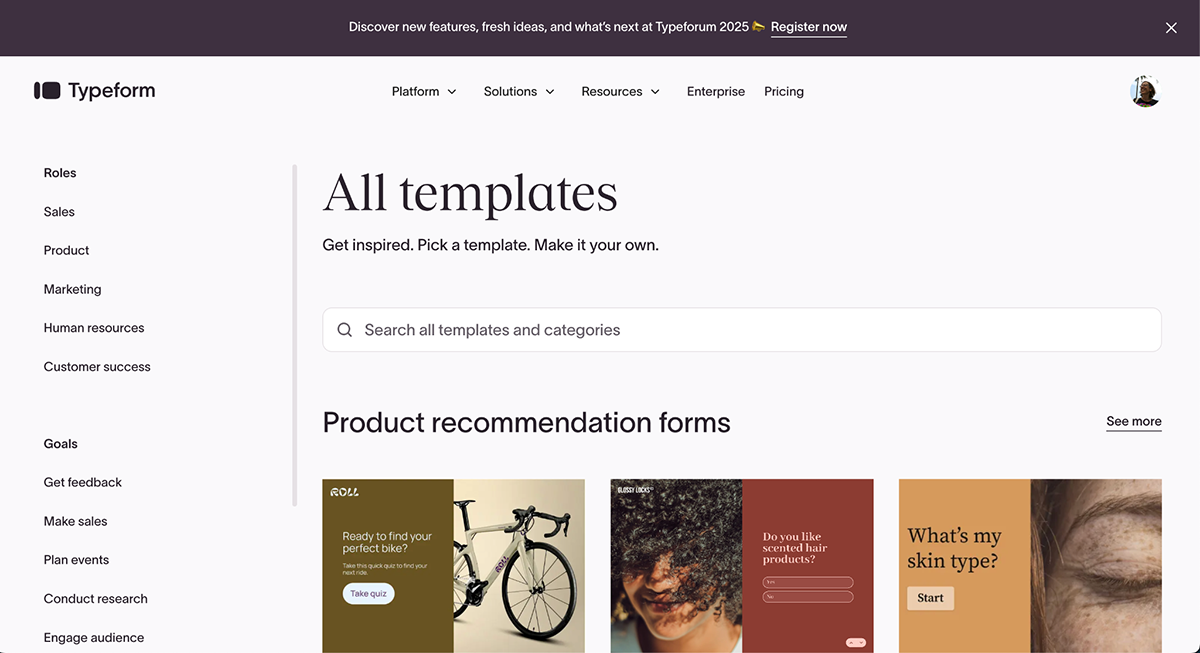 Templates typeform dashboard