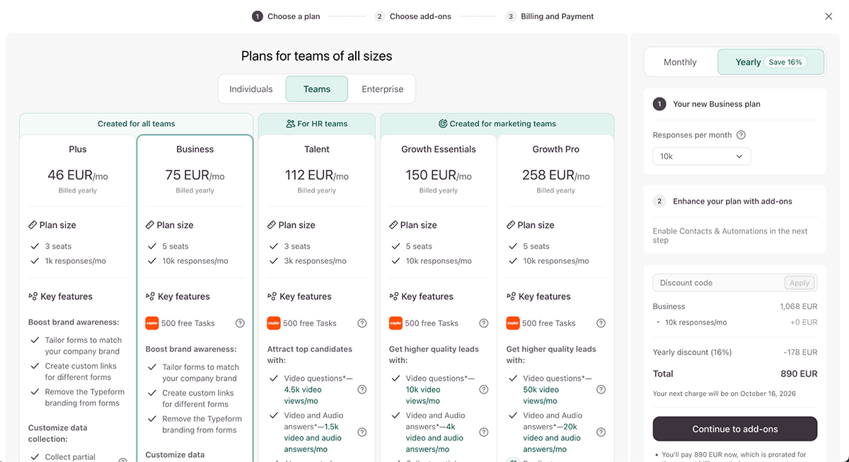 Pricing Plans Typeform page