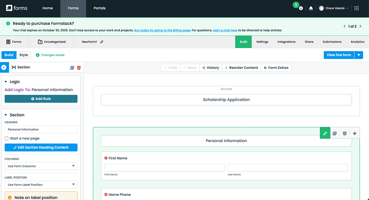 Formstack + Intellistack dashboard Form builder