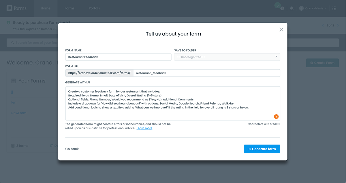 Formstack editor AI option