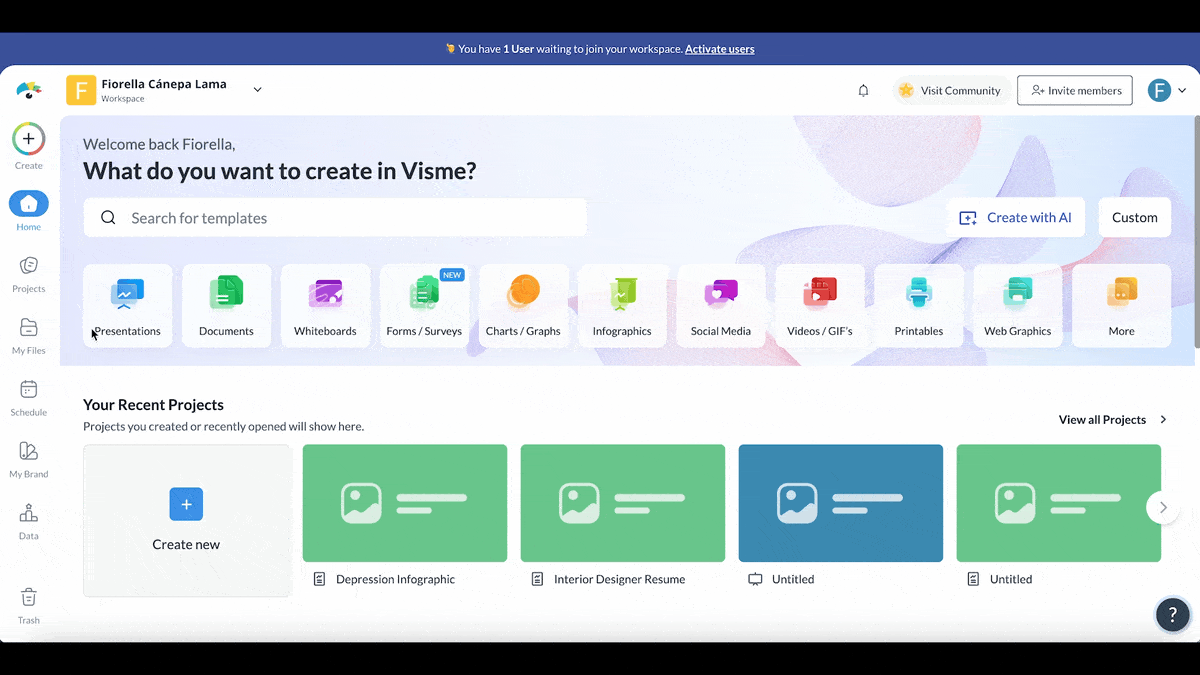 A GIF of Visme's brand design tool and brand kit