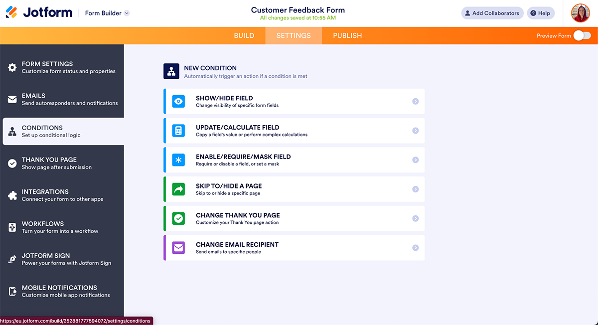 JotForm conditional logic dashboard