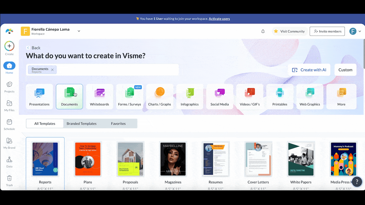 a GIF of Visme's AI design generator