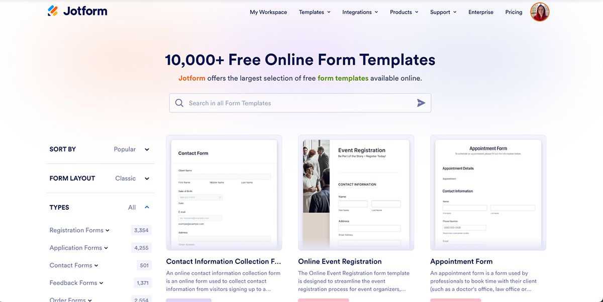 JotForm Templates Options
