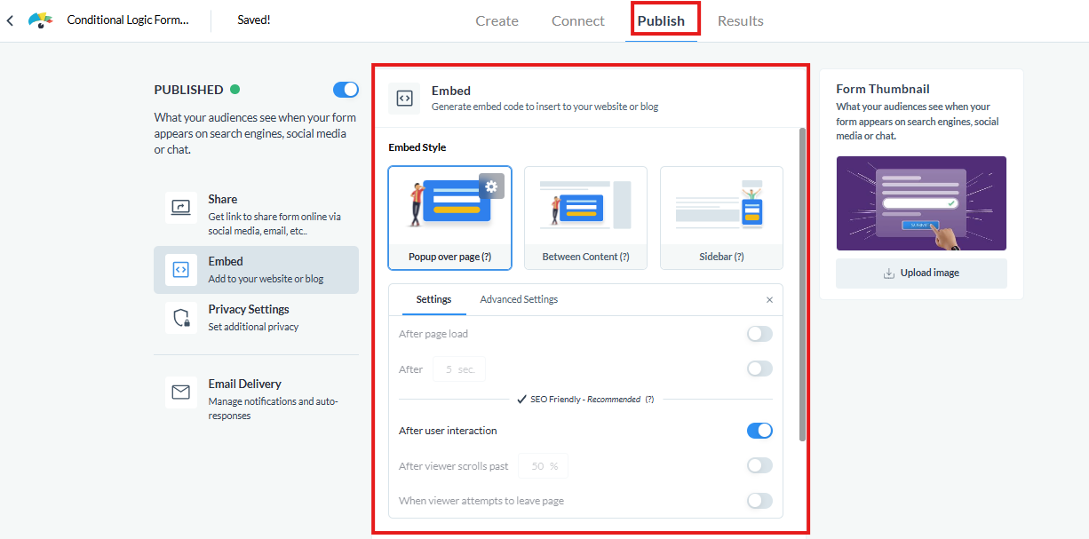 Visme responsive forms share options embed
