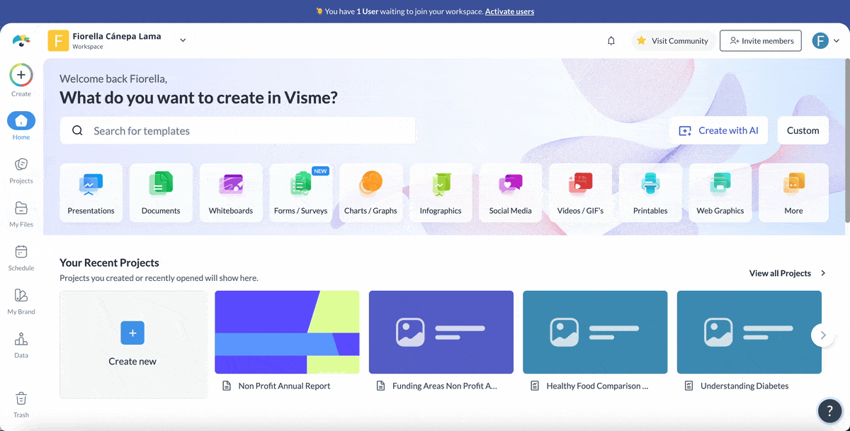 how to create a nonprofit annual report - GIF of selecting a template from Visme editor and customizing the colors, fonts and other design elements. 