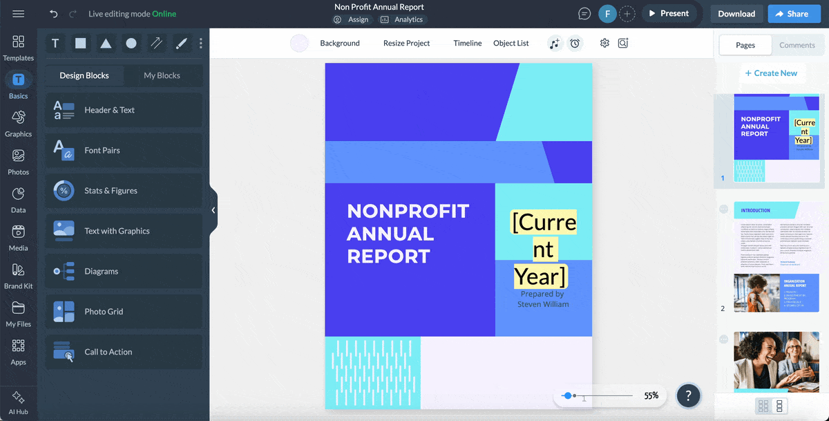 How to Create a Nonprofit Annual Report - a GIF of sharing a nonprofit report in Visme