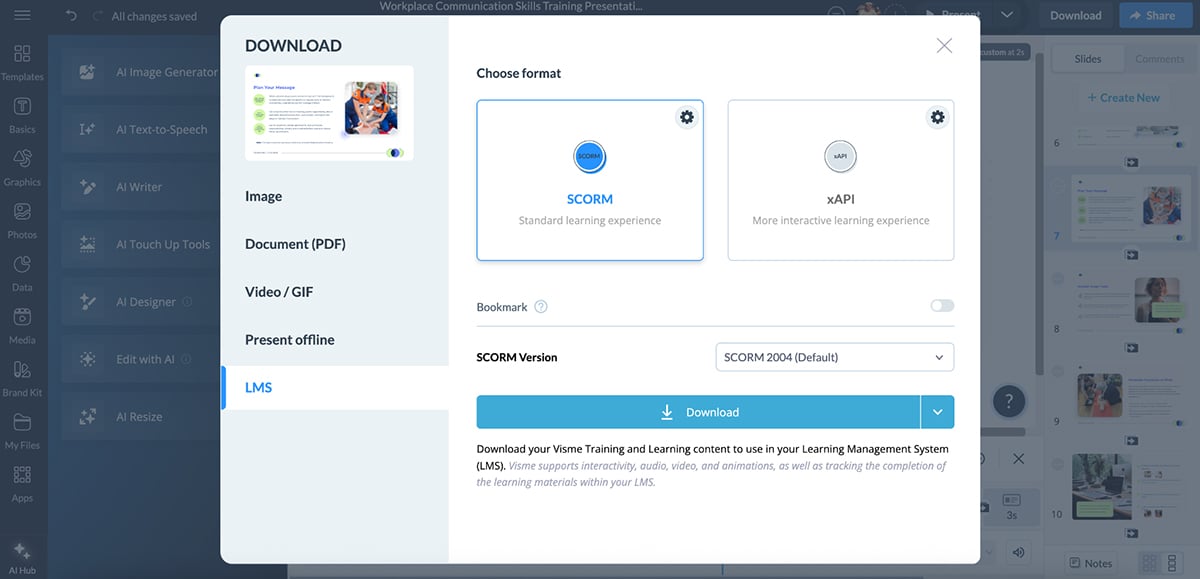 ai tools for learning and development - developing images with Visme's SCORM and XAPI export options