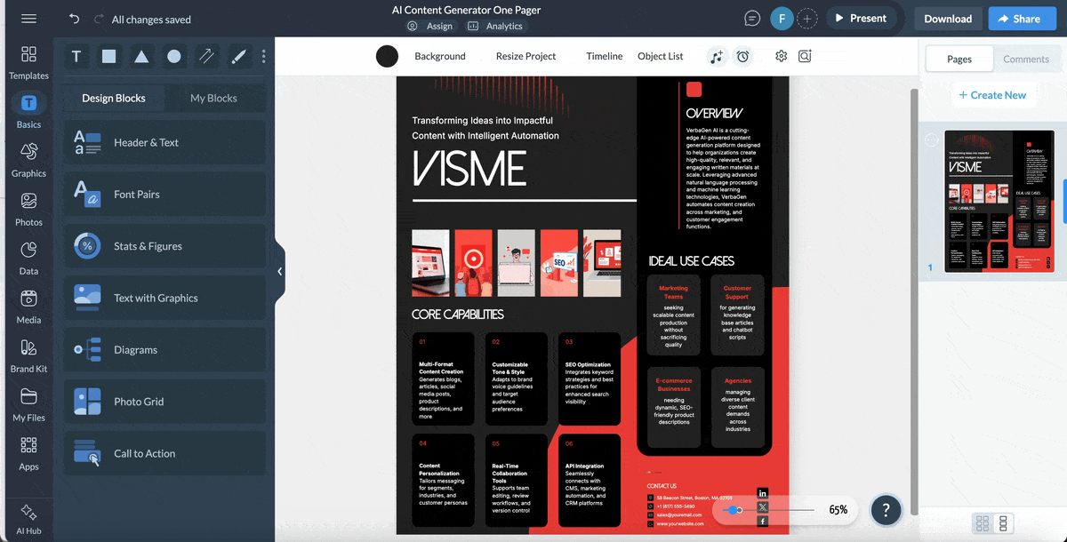 Visme’s interactivity feature on a company overview one pager layout