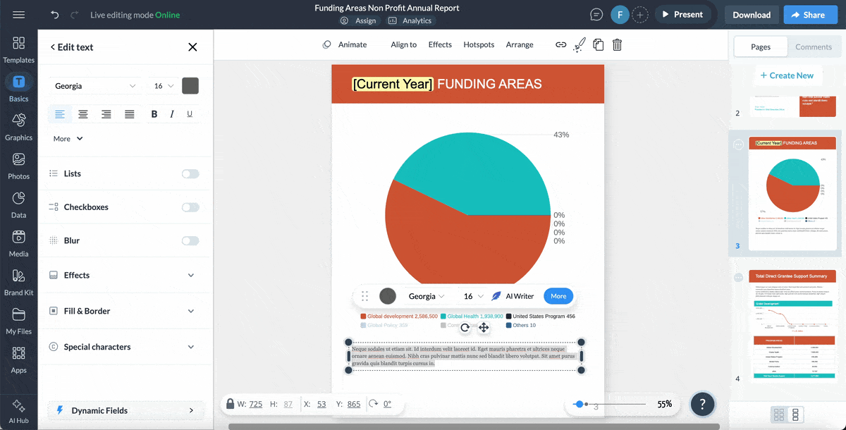 non profit annual report - a GIF of using Visme's AI writer to generate an outline