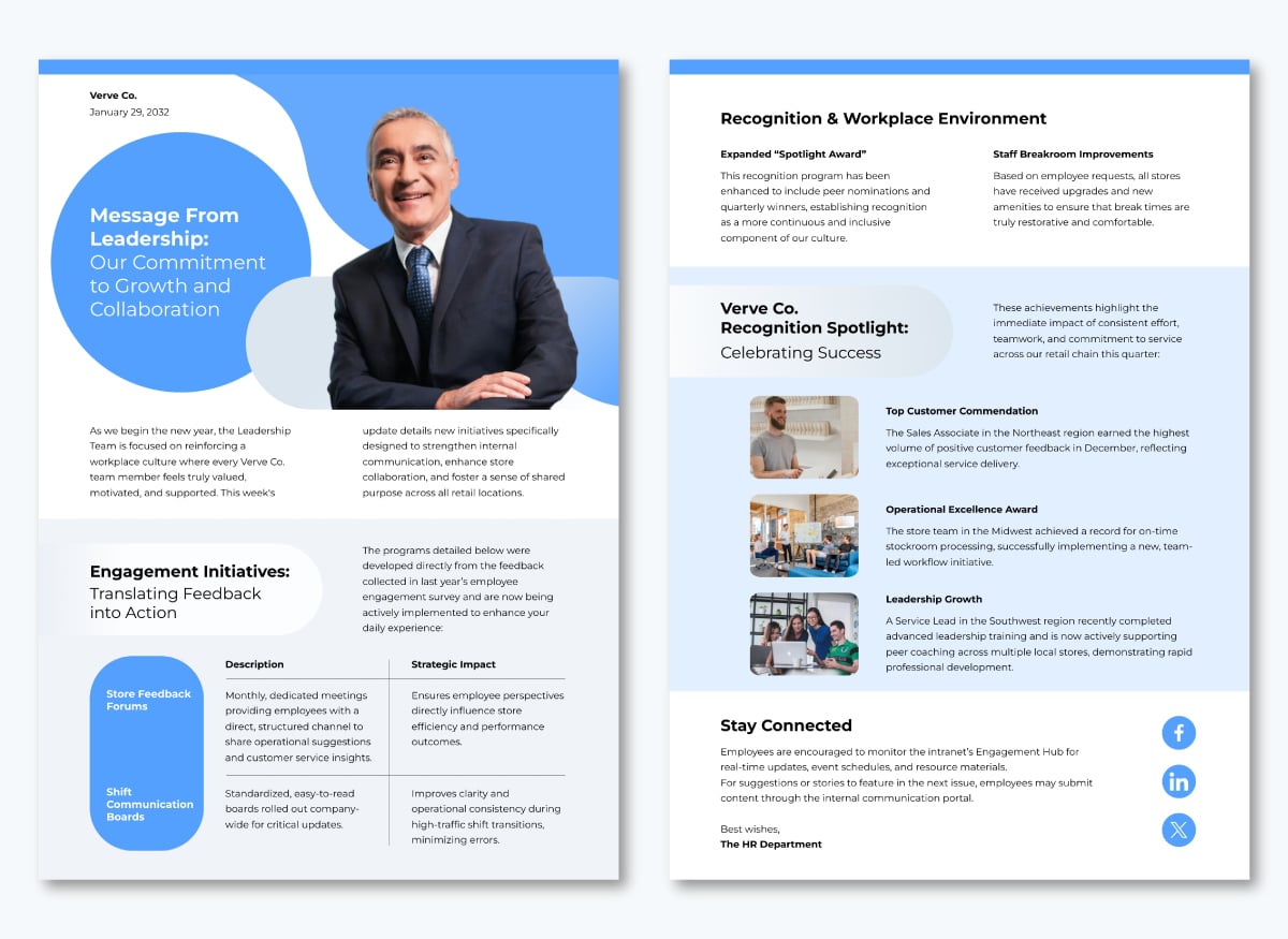a blue themed employee newsletter template