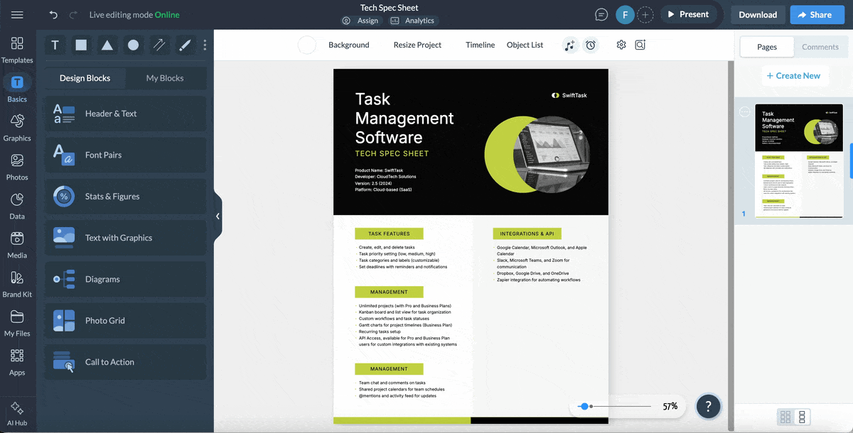 a GIF of embedding an instructional video into a product spec sheet template