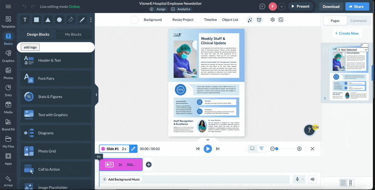  a GIF of the download and sharing options for an employee newsletter in Visme