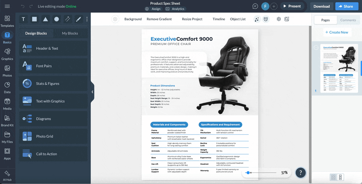 a GIF of sharing your spec sheet in Visme