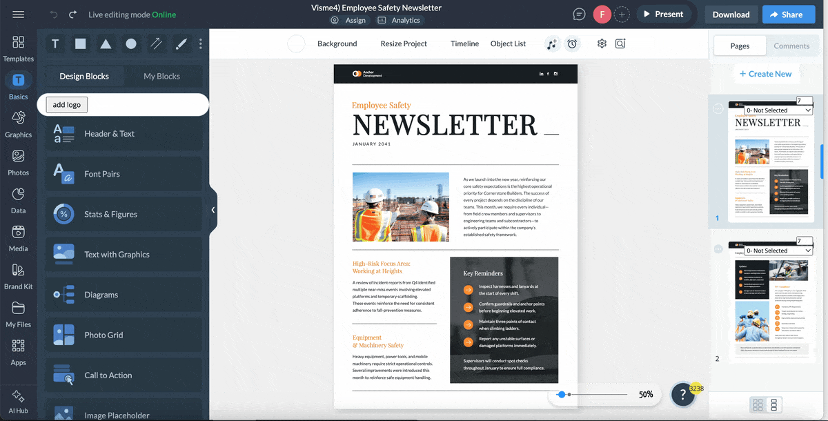 A GIF of using Visme's AI writer while designining an employee newsletter