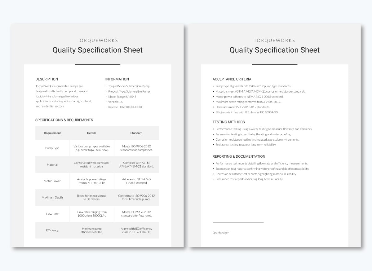 quality specification sheet template