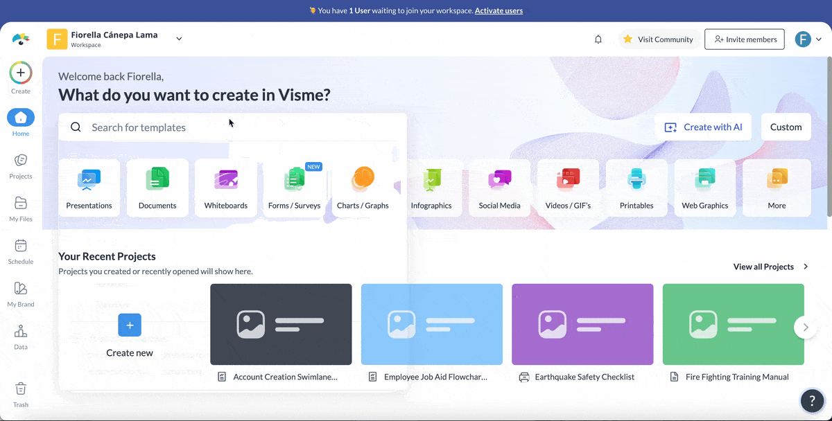 procedure content - a GIF of searching for training manuals or user guides in the Visme dashboard