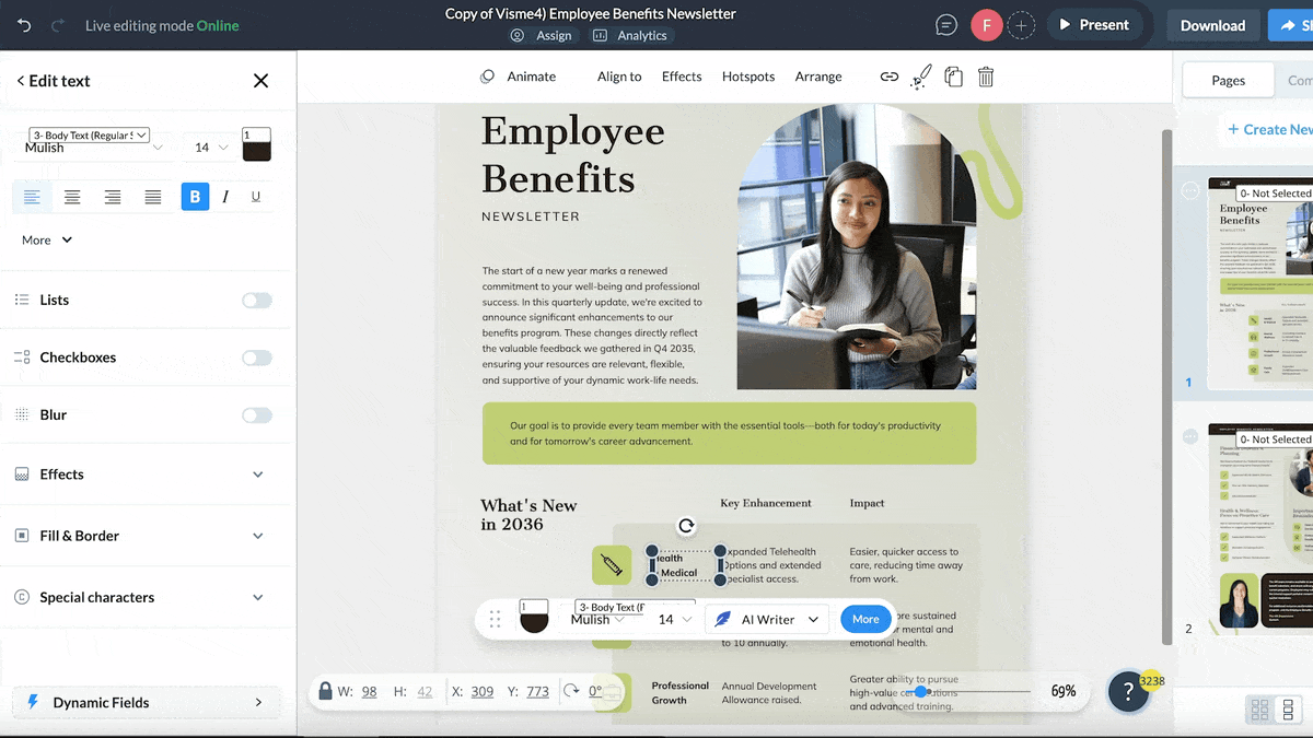 adding interactivity and 3D animations to our employee newsletter template.