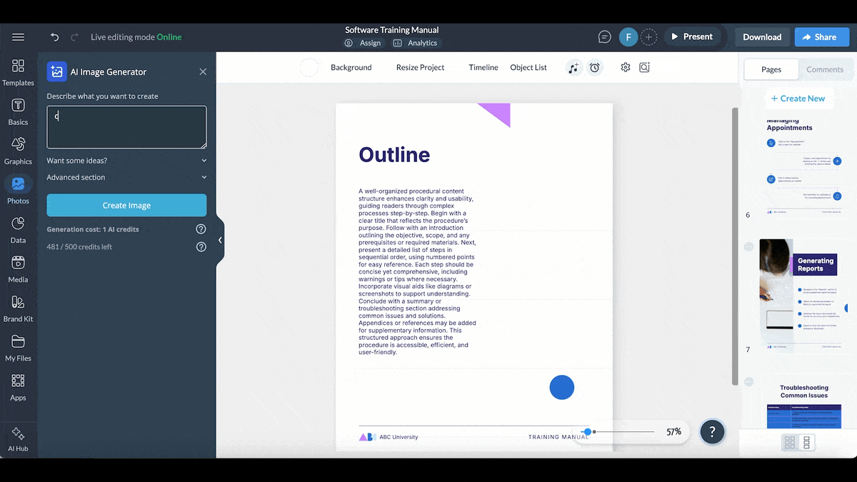 Using Visme's AI Image generator to produce a set of design assets for a procedure content.