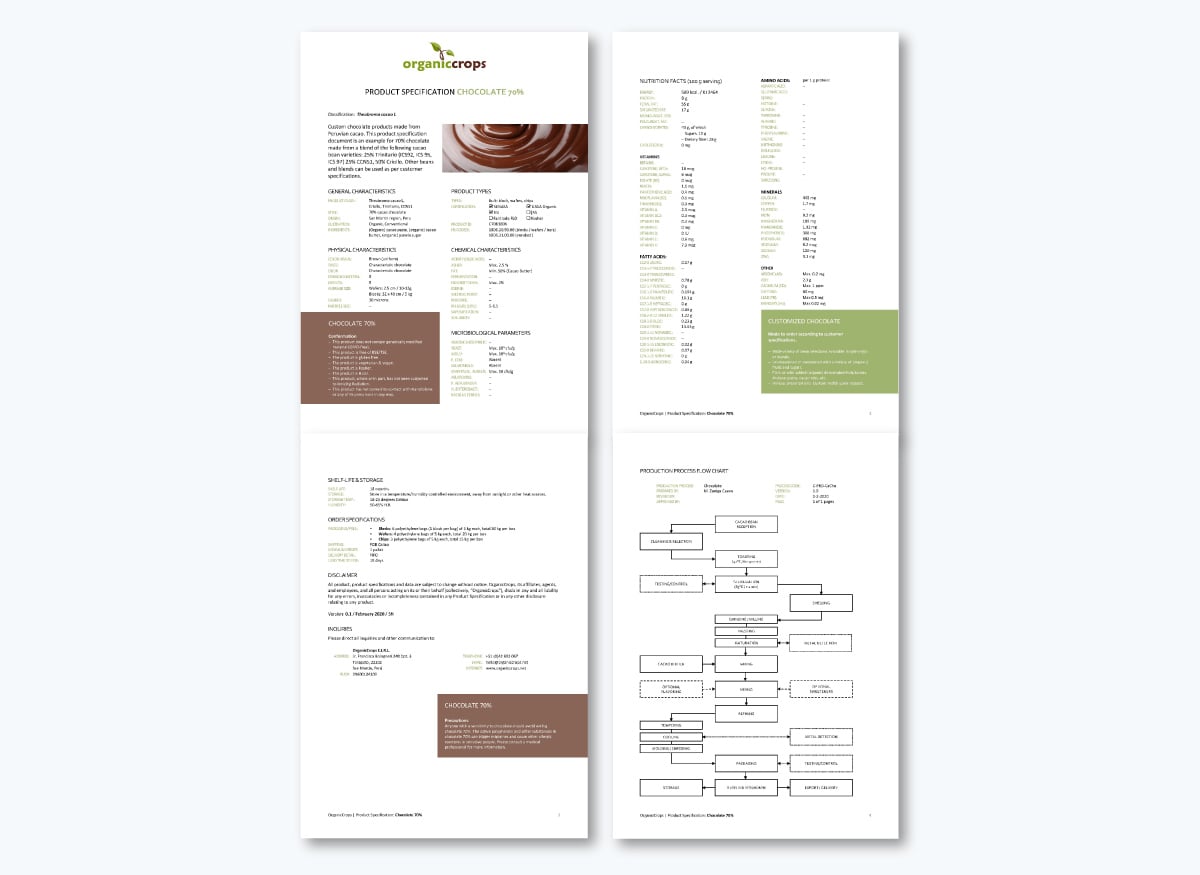 Real Life Product Specification Examples - OrganicCrops Chocolate 70% Product Specification