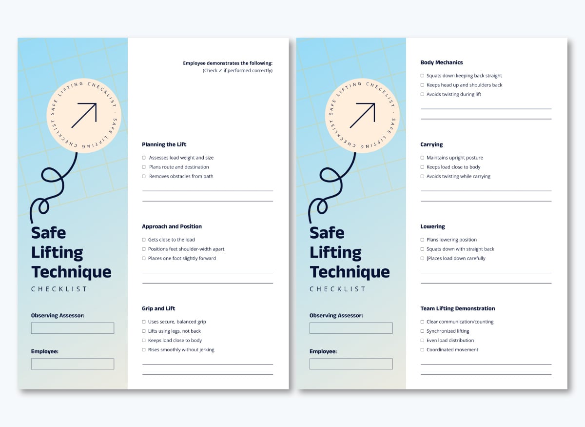 Types of Procedure Content - Safe lifting Technique Checklist