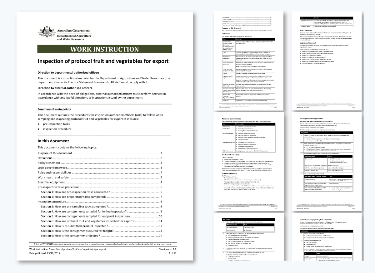 Types of Procedure Content - Work Instructions from Australian Government, Dept of Agricultural and Water Resources