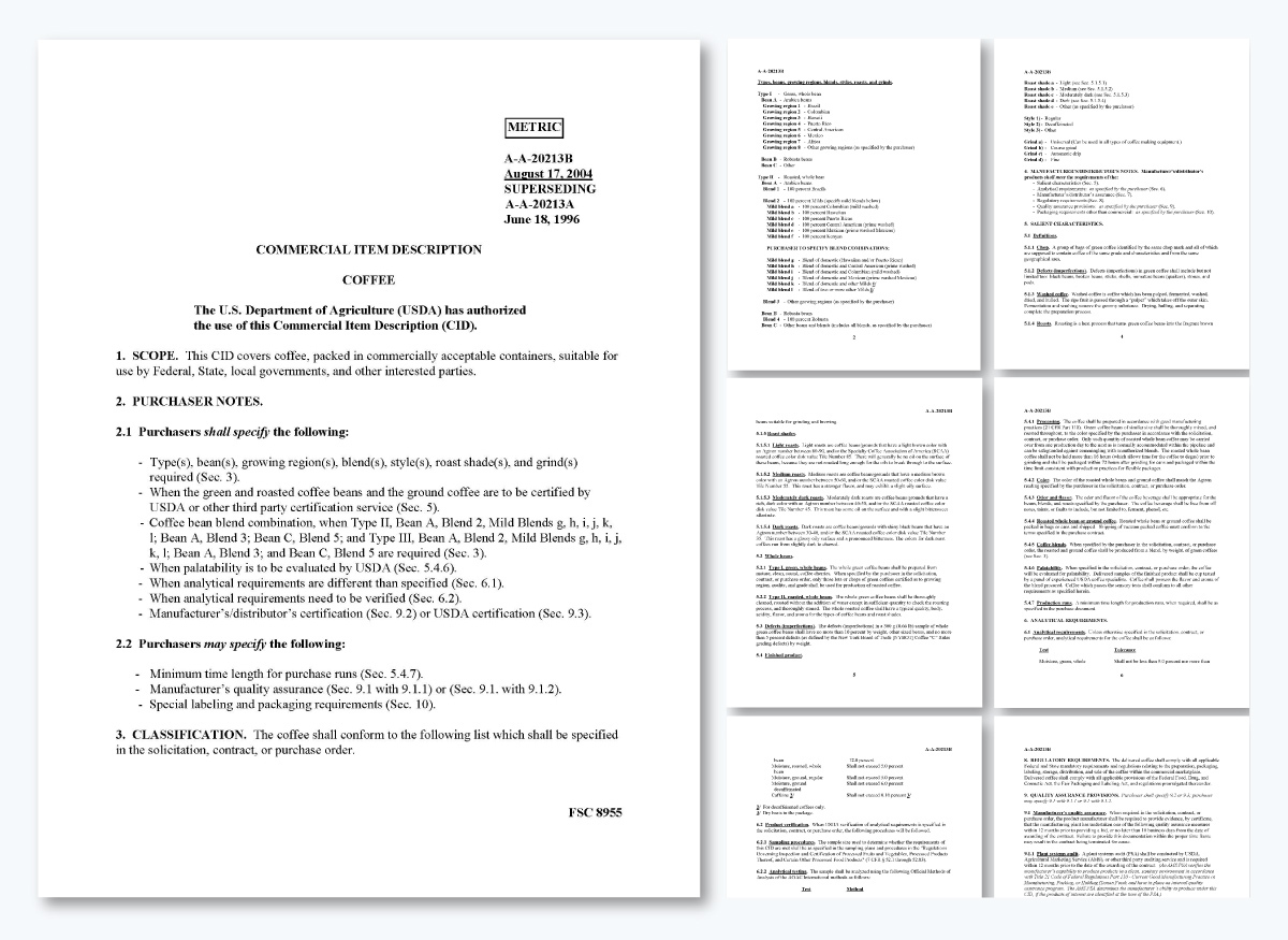 Real Life Product Specification Examples- U.S Department of Agriculture Specification for Commercial Coffee 