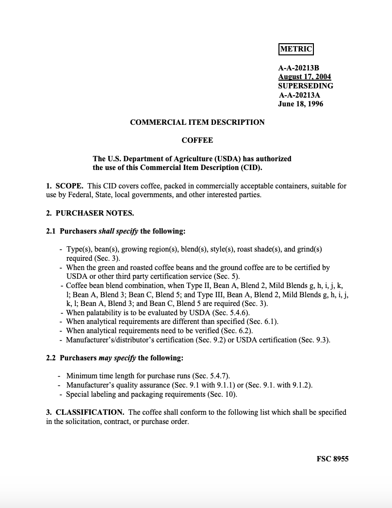 Real Life Product Specification Examples- U.S Department of Agriculture Specification for Commercial Coffee 