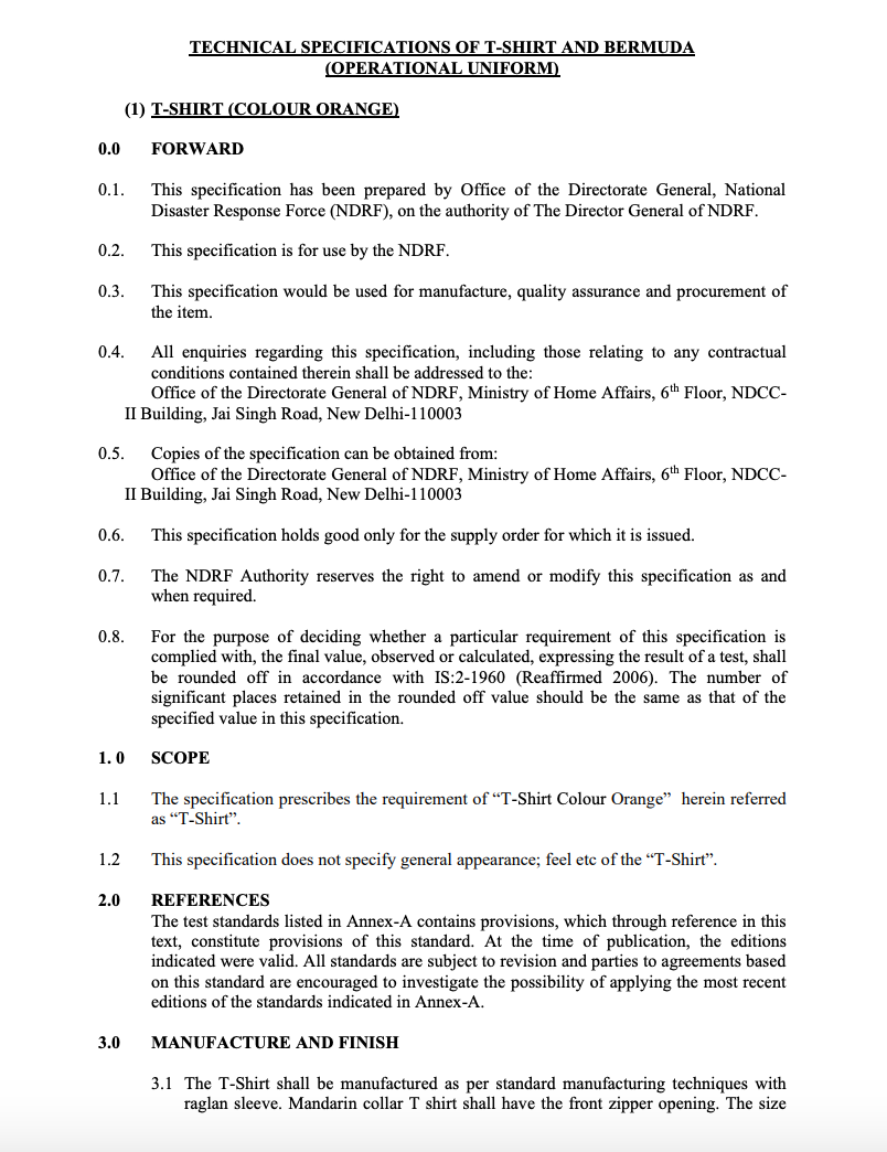 Real Life Product Specification Examples - NDRF Operational Uniform Specification for T-Shirt and Bermuda (Operational Uniform)