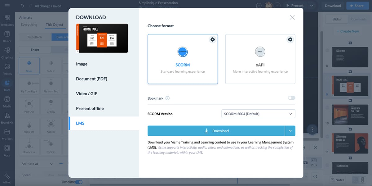 Sharing options in Visme