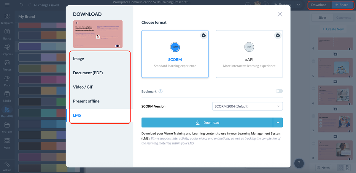 beautiful.ai alternatives - share and publishing options in Visme