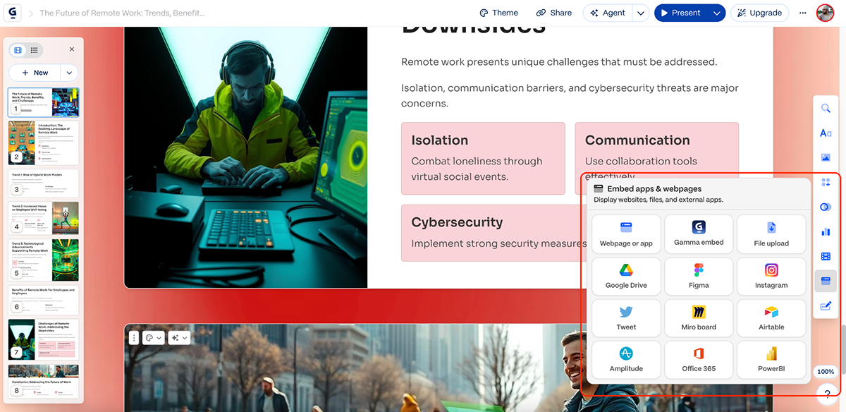 beautiful.ai alternatives - embed options in Gamma