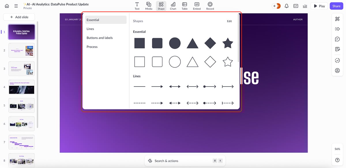 Genially alternatives - asset library in Pitch