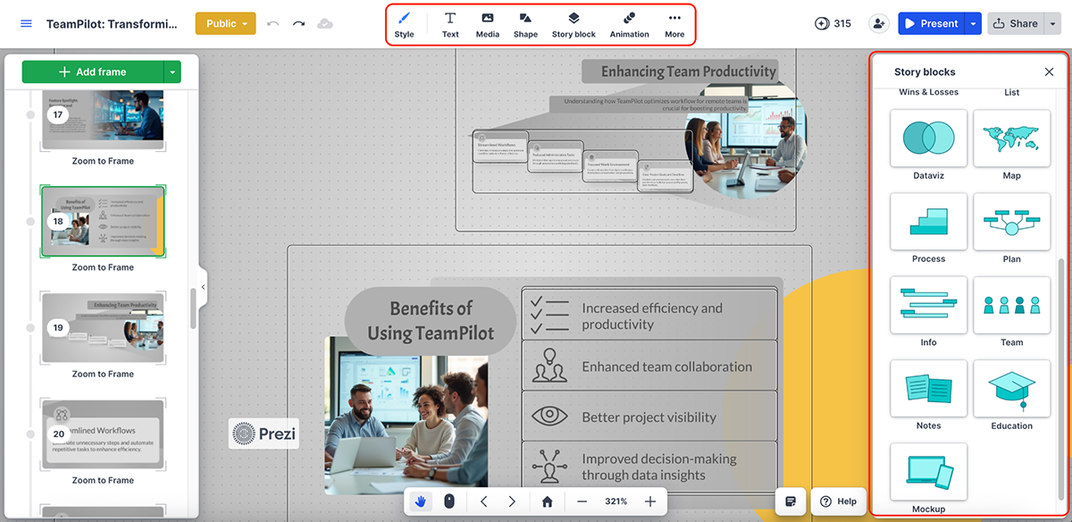 beautiful.ai alternatives - emplates, media, shapes and story blocks in Prezi