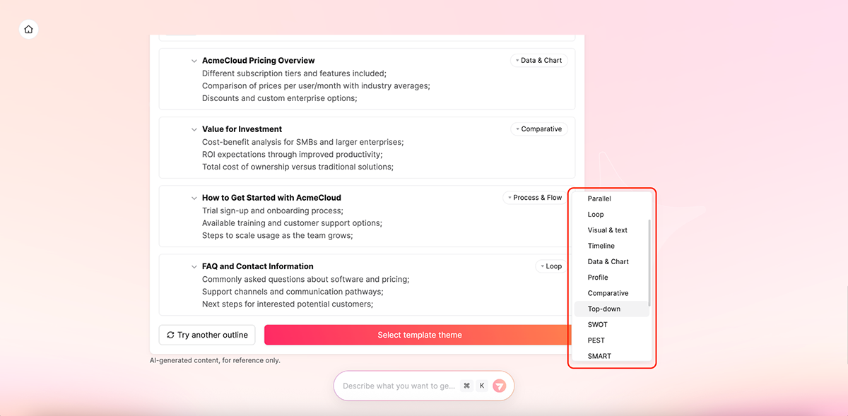 beautiful.ai alternatives - choosing slide layout in Presenti 