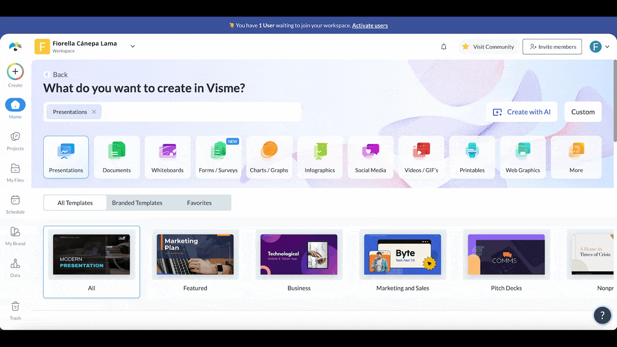 a GIF of how to generate a healthcare marketing material like presentations or brochures with Visme's AI designer