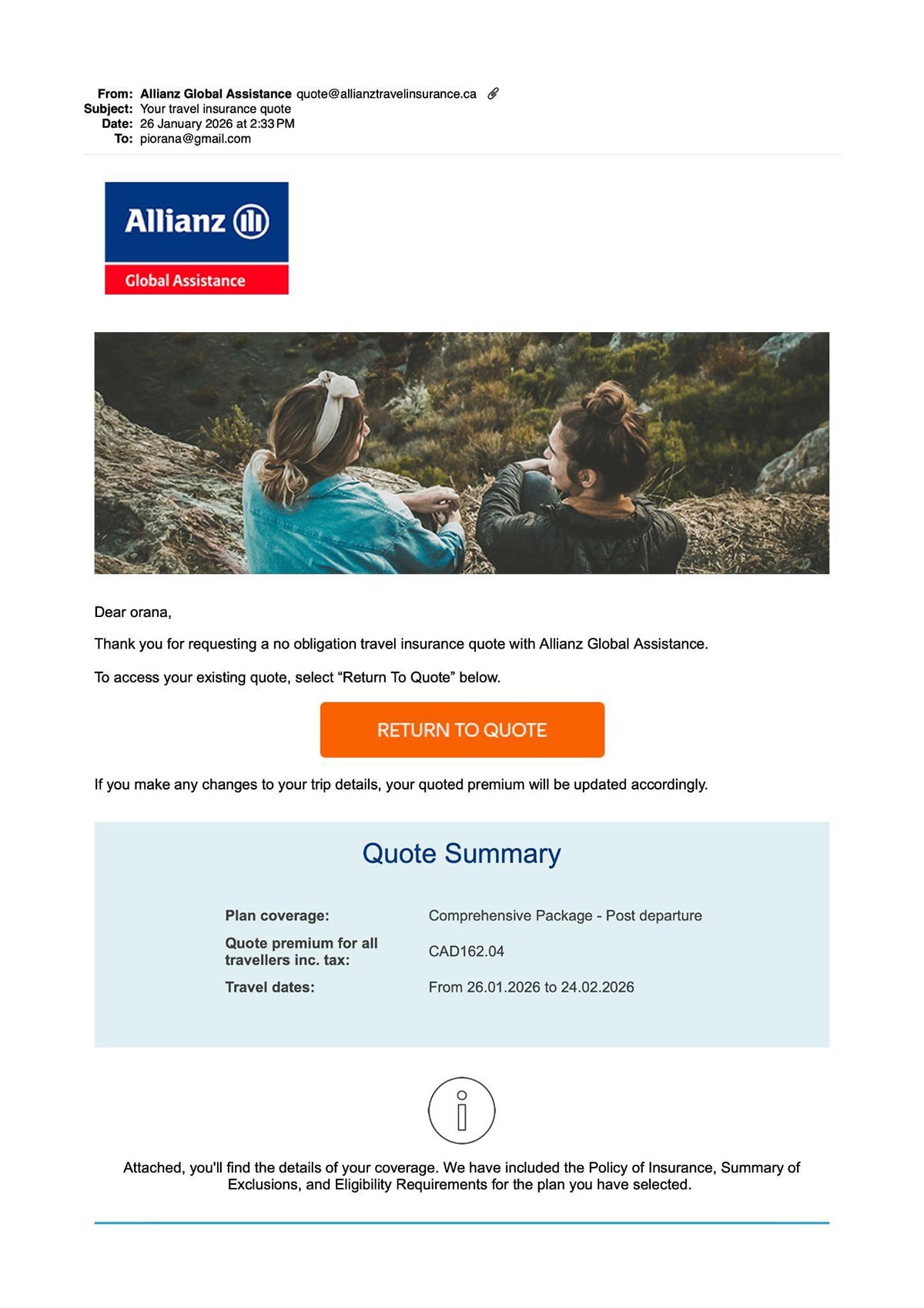 Insurance marketing - Welcome email from Allianz Canada
