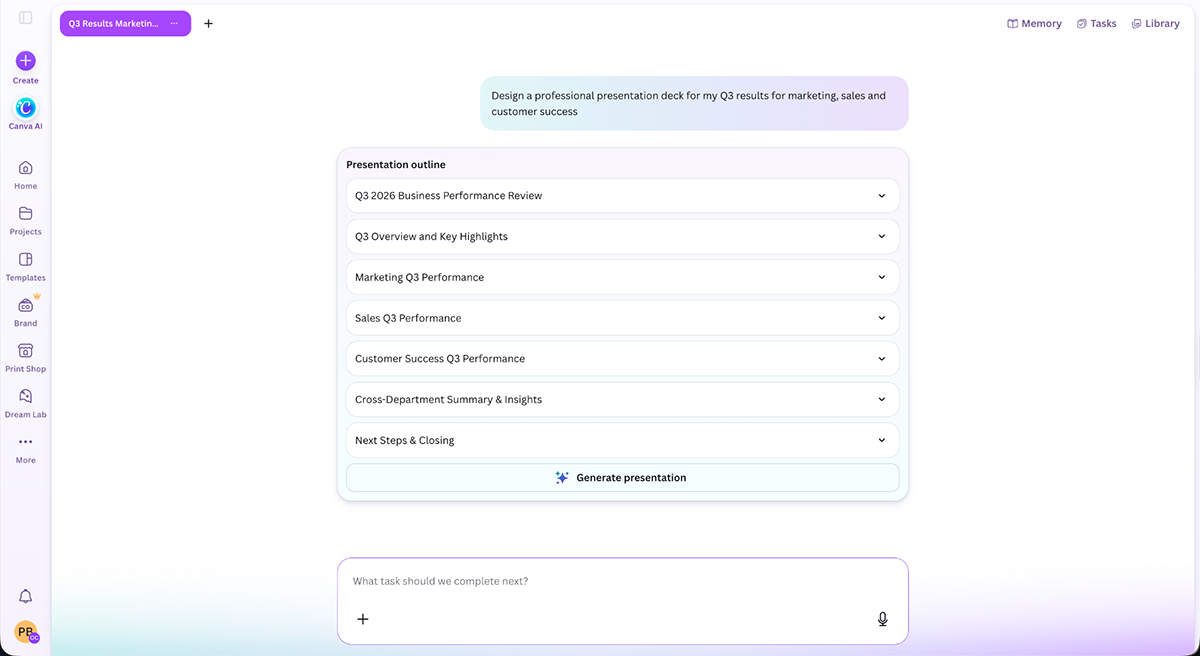 best presentation software - Canva's AI presentation generator