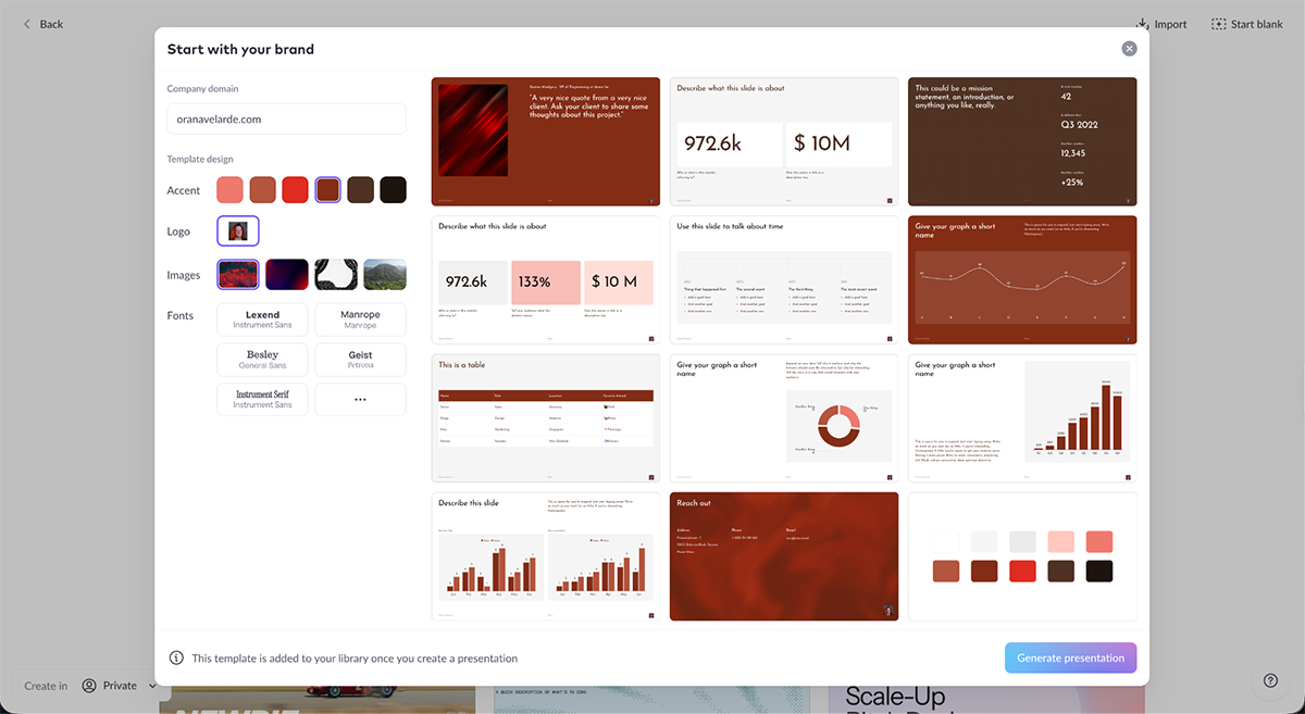 best presentation software - Pitch's brand set up