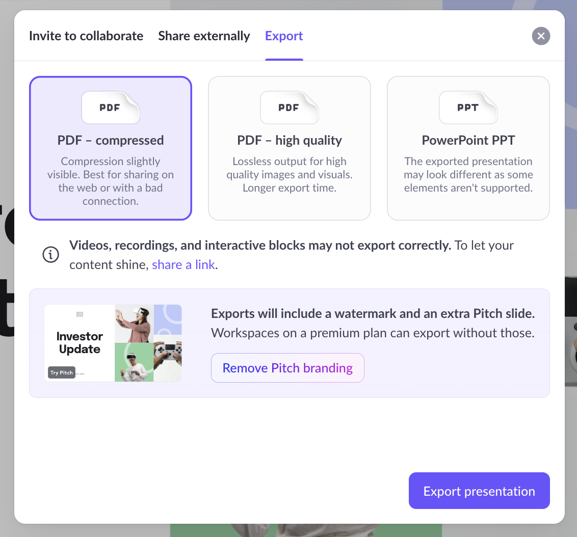 best presentation software - Pitch's publish and export feature