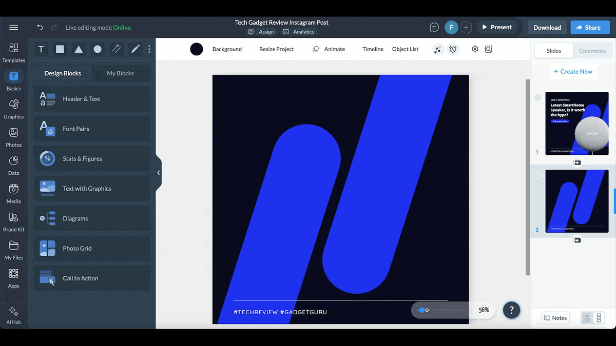 canva alternatives - a GIF showing how to save and reuse content blocks.
