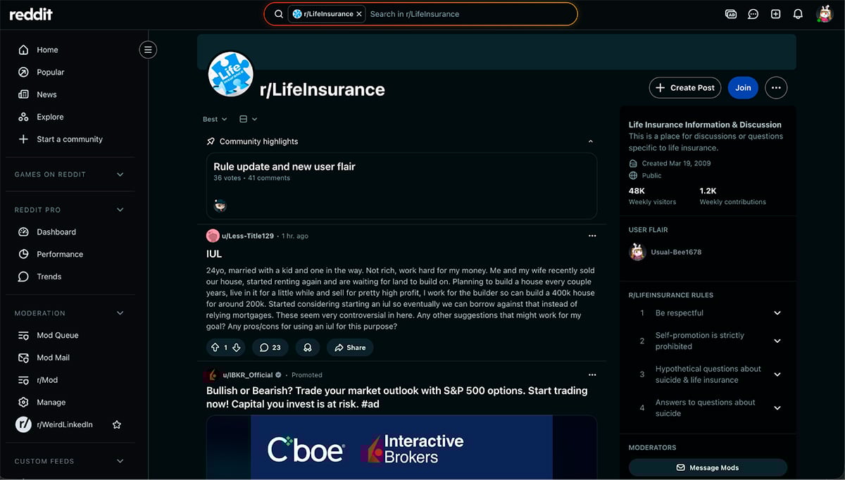 Life insurance marketing - screenshot of Reddit interface