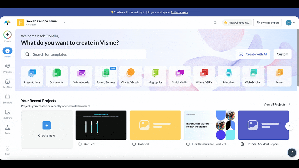 canva alternatives- GIF showing how to Generate a new hire checklist using the Visme AI designer