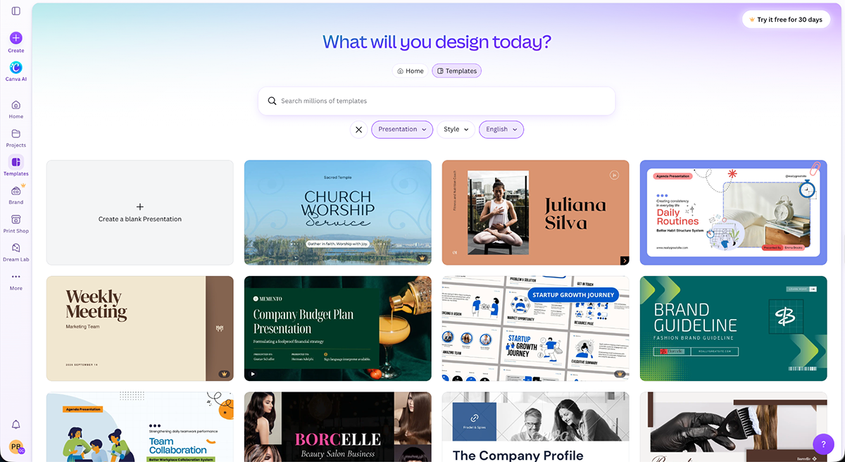 best presentation software - Canva's template library